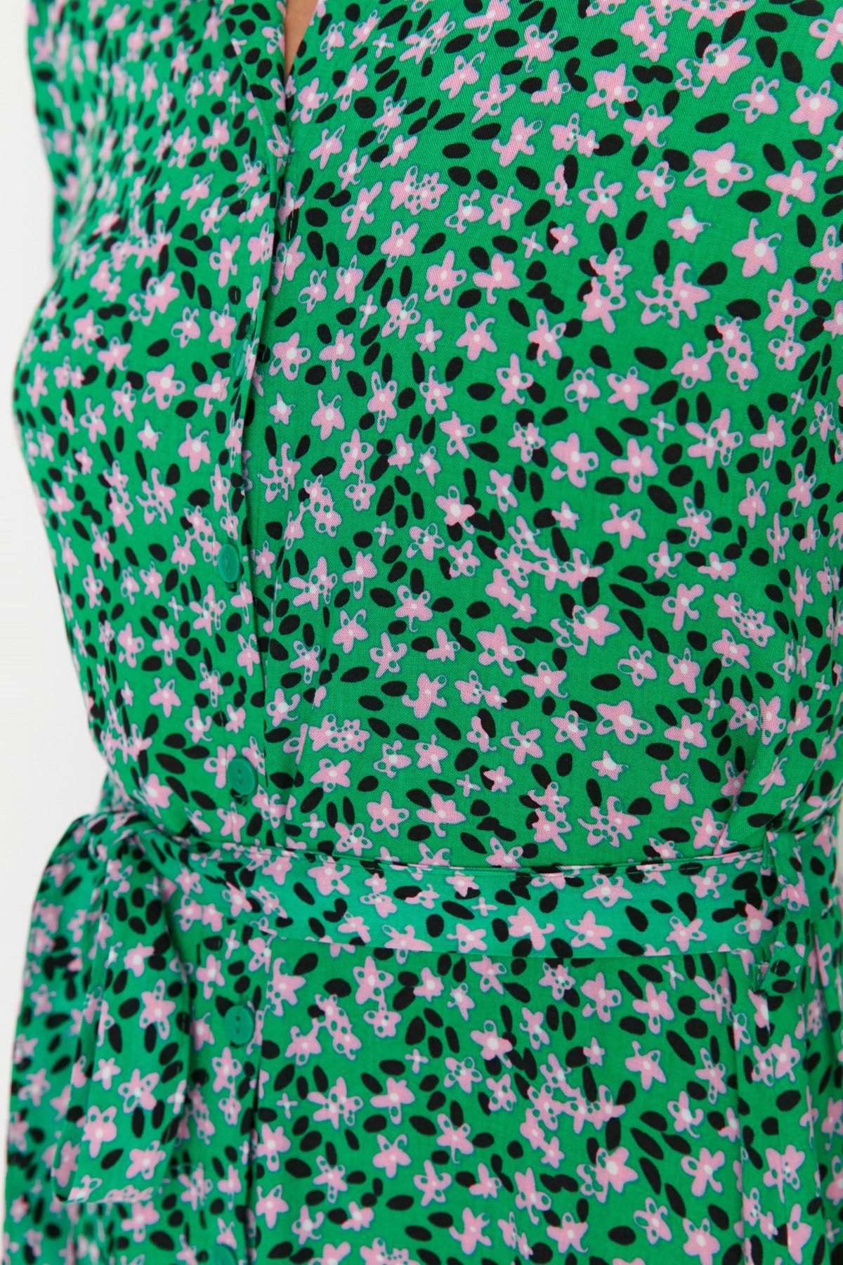Yeşil Kuşaklı Gömlek  Midi Dokuma Çiçek Desenli Elbise TWOSS20EL1559