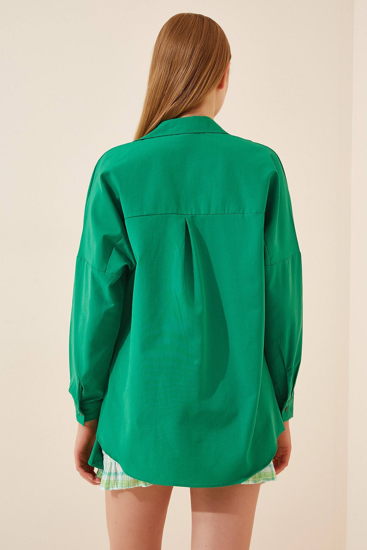 Kadın Koyu Yeşil Oversize Uzun Basic Gömlek  DD00842