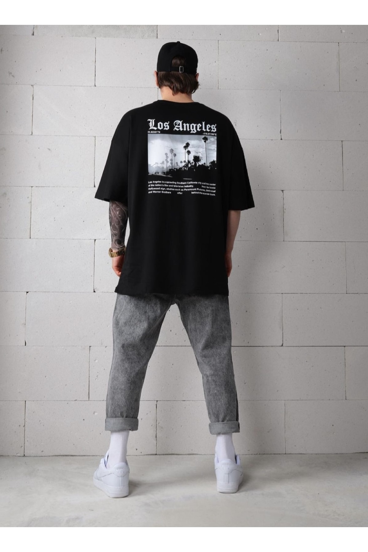 Los Angeles Baskılı Oversize Siyah T-shirt