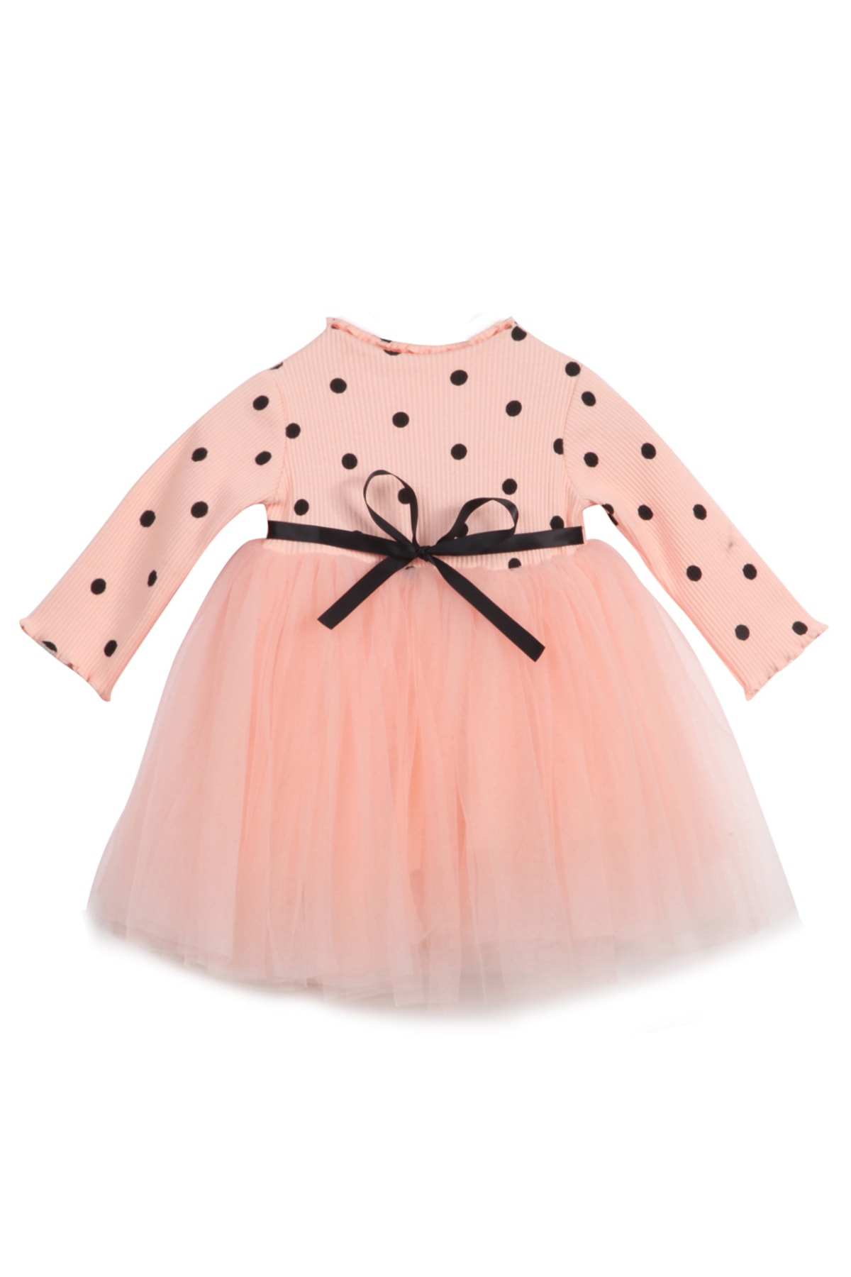 Linda Kız Bebek Çocuk Prenses Kabarık Tütü Elbise Puantiyeli Uzun Kol Esnek Likralı Somon