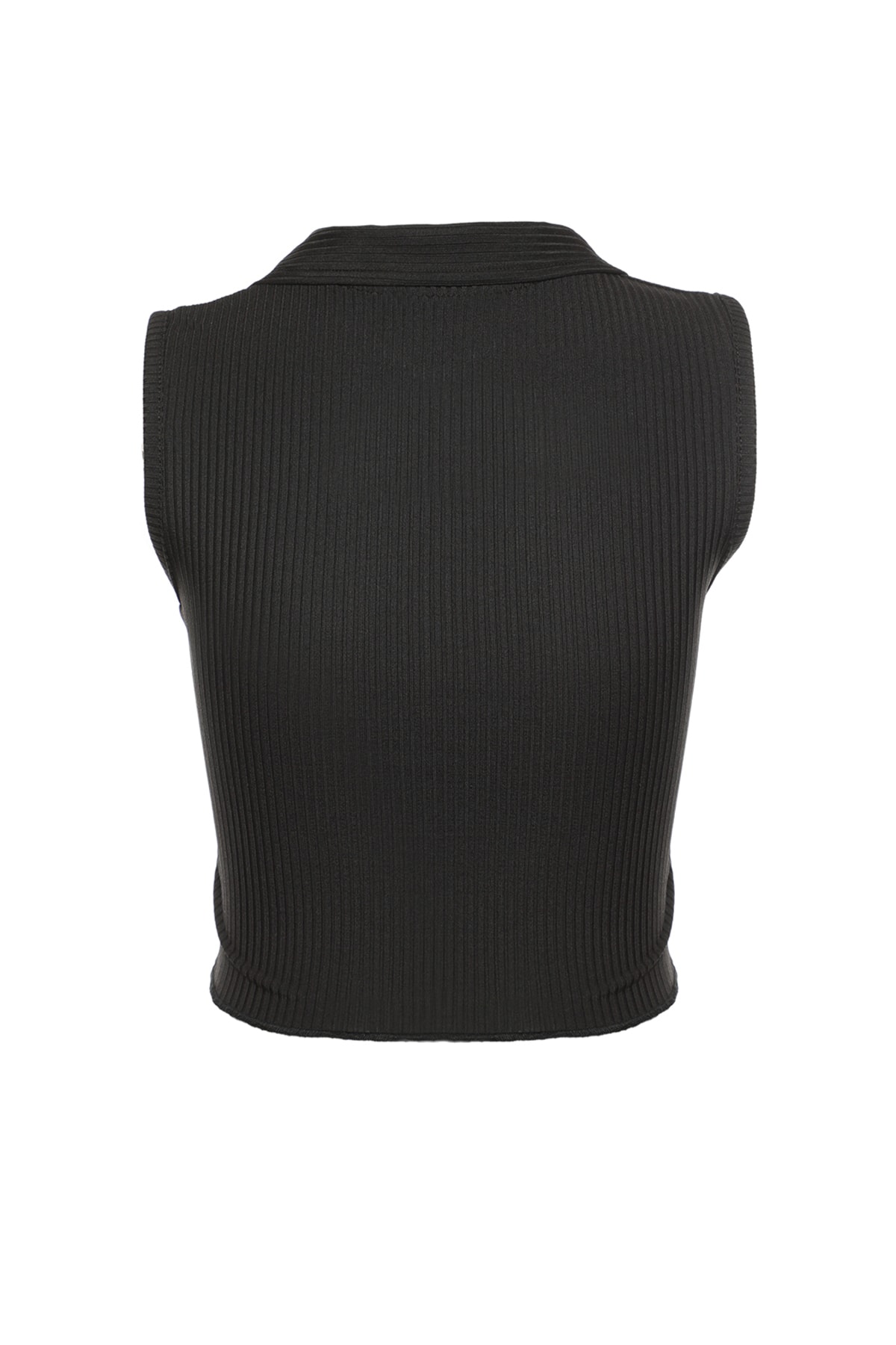 Siyah Fitted/Vücuda Oturan Polo Yaka Crop Esnek Örme Bluz TWOSS22BZ0335